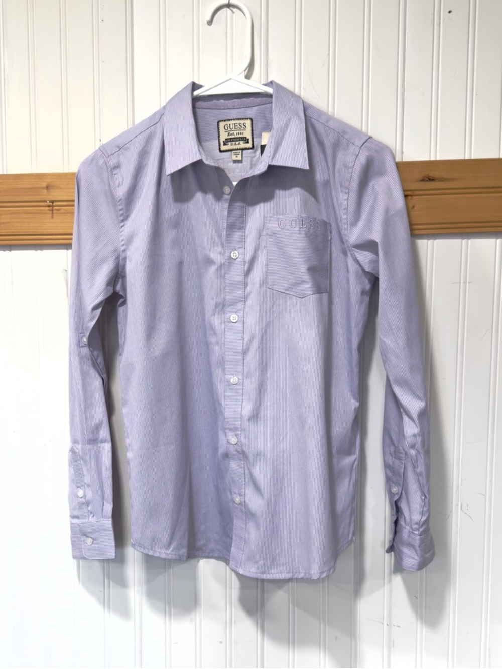 NWT GUESS Big Boys Classic Poplin Pin Striped Button Up Shirt Purple Size 10